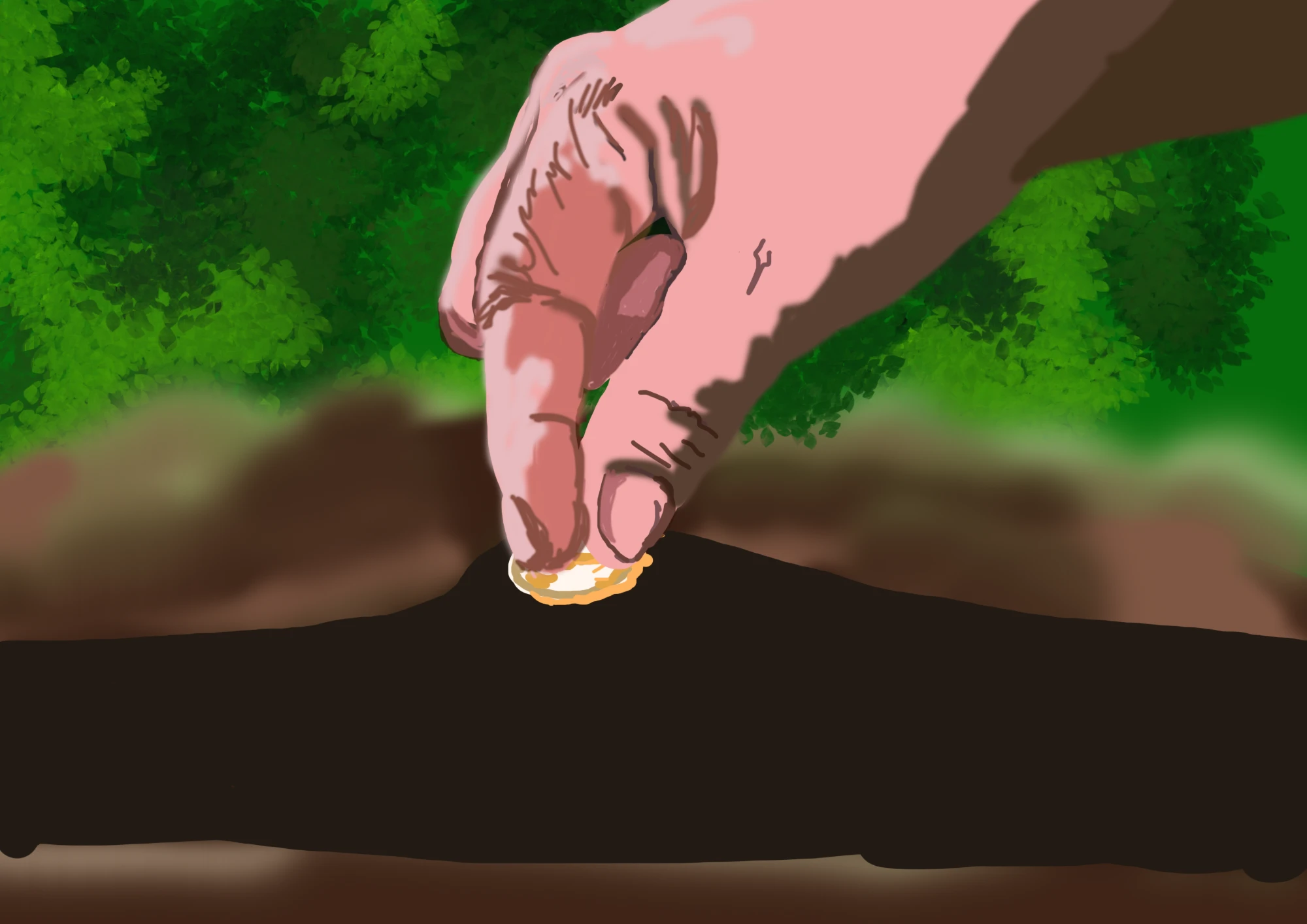 Una mano che pianta una moneta nella terra, come un seme